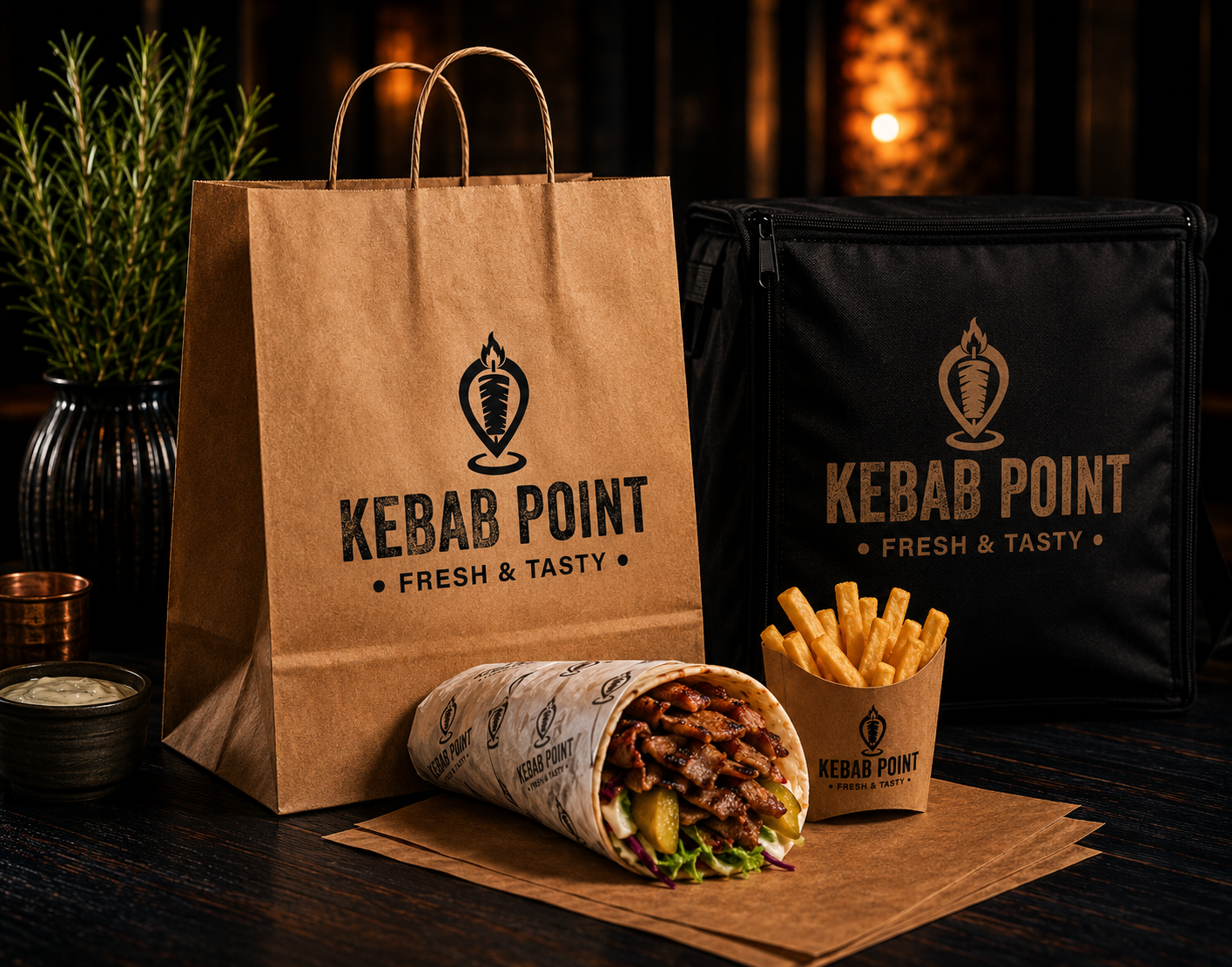 Kebab Point takeaway delivery packaging — branded paper bag, wrapped kebab, fries and insulated delivery bag